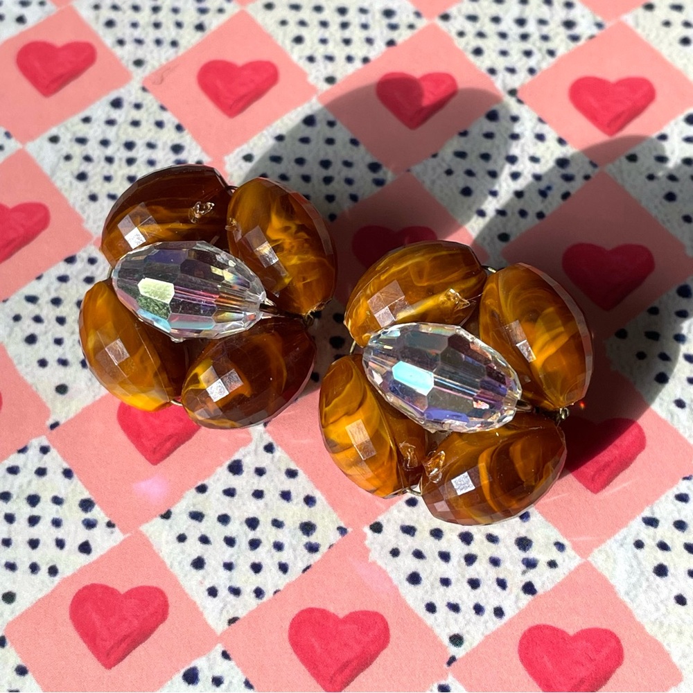 Vintage tiger’s eye & AB faceted crystal beaded cluster clip earrings